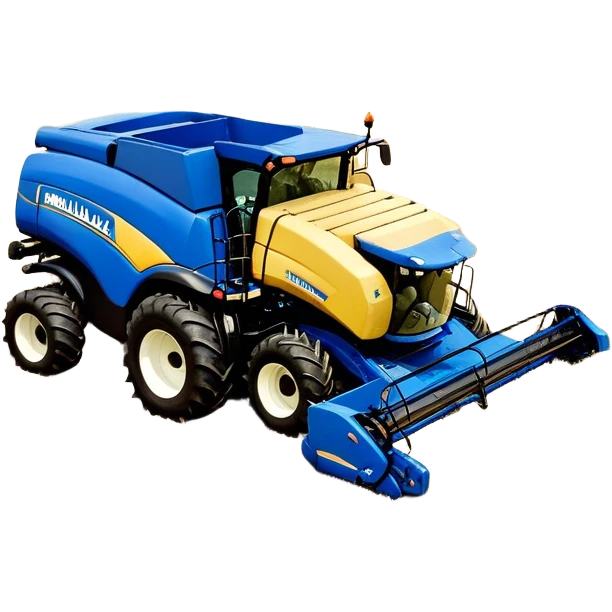 New Holland Roll-Belt 560 (2018) – Cinematic-realistic New Holland Roll-Belt 560 baler, its blue body steadily compressing golden hay into tight, round bales. The rhythmic motion of the machine continues as dust swirls in the afternoon heat, with rows of freshly cut grass stretching toward the horizon. emoji