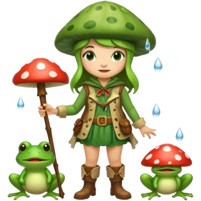 woodland bard woman dressed as frog druid, mushroom hat and rain boots emoji