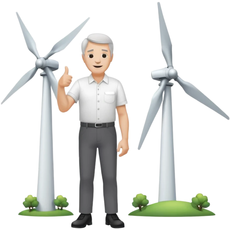 an older white man with grey hair and a white shirt and black pants doing a thumbs up pose, standing next to a silver wind turbine emoji