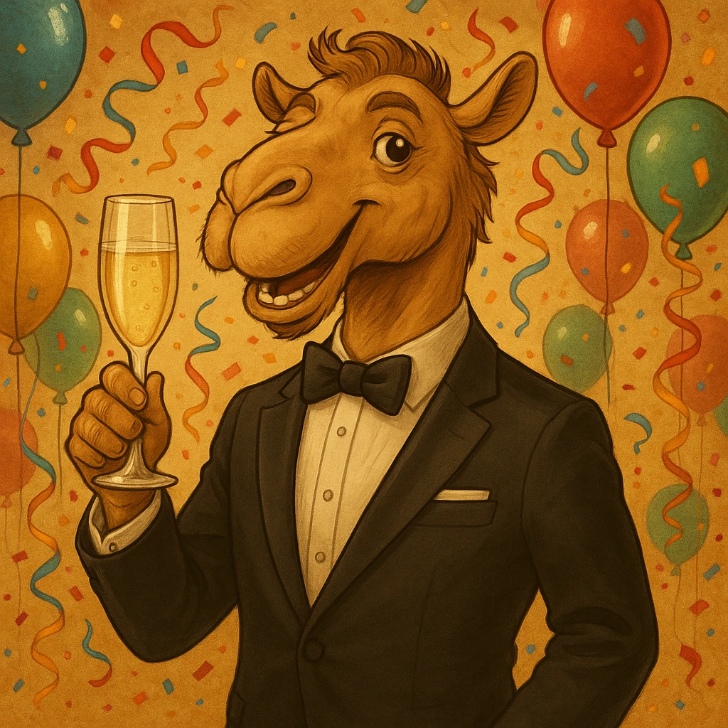 Add a festive party background with balloons and confetti, keeping the camel in a suit sipping champagne as the focus. emoji