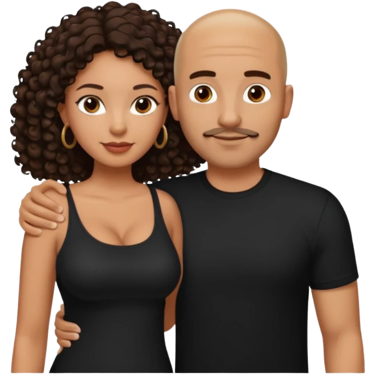 A picture of a tanned couple with the man's arm around her. the man is a Mexican man with tanned skin, a bald hair cut, short beard and wearing a black shirt. the woman is mixed, with mid length curly dark brown hair and with big boobs  emoji