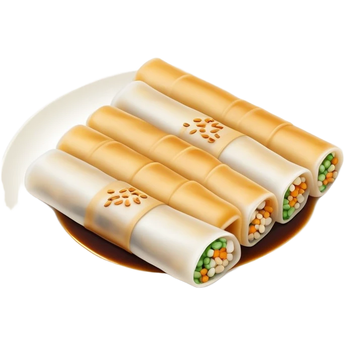 Cantonese rice noodle roll Cheung Fun with soy sauce and sesame seeds, simplified emoji style with bold outlines and bright colors, cartoon style translucent rolled rice sheets on plate emoji
