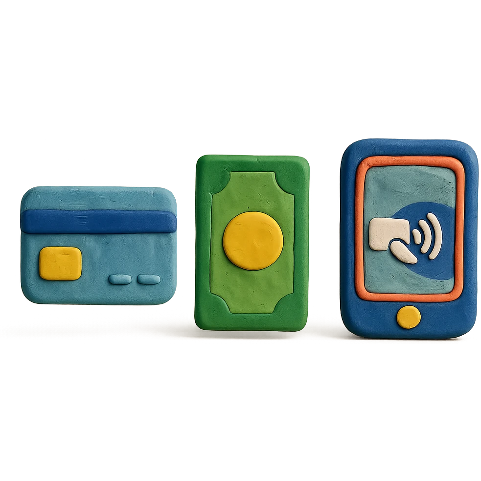claymation style payment method icons: credit card, cash, phone emoji