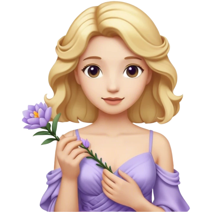 Cinematic Realistic Rapunzel Portrait, with porcelain-like skin featuring a subtle, natural glow, illuminated by soft lighting that brings out the gentle contours of her face. Her long, golden blonde hair cascades in detailed waves, each strand highlighted with a radiant shimmer as it catches the light. She playfully holds a flower in one hand, her other hand resting casually in her lap, with a warm and spirited expression. Her bright, expressive green eyes exude curiosity and warmth, framed by delicate lashes and soft, arched brows. She is dressed in her classic lavender and pink gown, the fabric textured with delicate folds that flow naturally, catching the light with a soft, radiant glow. The portrait captures a luminous, enchanting aura, seamlessly blending realism with a whimsical, fairytale charm, evoking a timeless sense of beauty and magic. emoji