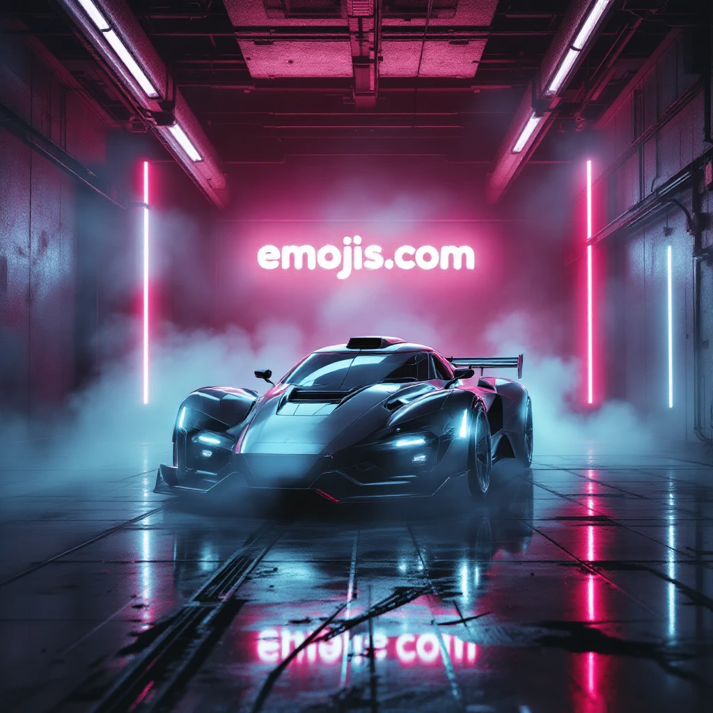 Cinematic still of a futuristic car parked front to camera inside neon garage with led behind saying "emojis.com", room fill with haze, very detailed and futuristic ,inspired by cyberpunk 2077 emoji
