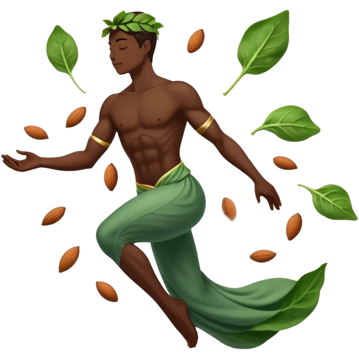 Spinach leaves, almonds, dark chocolate, and seeds floating around a relaxed body silhouette. Light beams flowing from these foods to the body's muscles and nervous system, creating a soothing, calming effect visualized as a gentle glow throughout the body. emoji