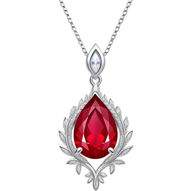 teardrop ruby pendant with fiery light, tiny phoenix feather emerging, haloed by shimmering white stones, silver chain like liquid moonlight emoji