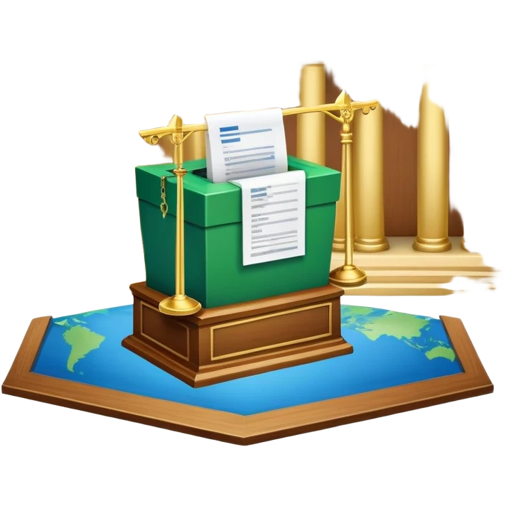 An icon featuring a ballot box with a voting paper, a government building with columns, and a scale of justice, symbolizing political science. The design includes a world map in the background, representing global political systems. Transparent background highlights governance and civic studies. emoji