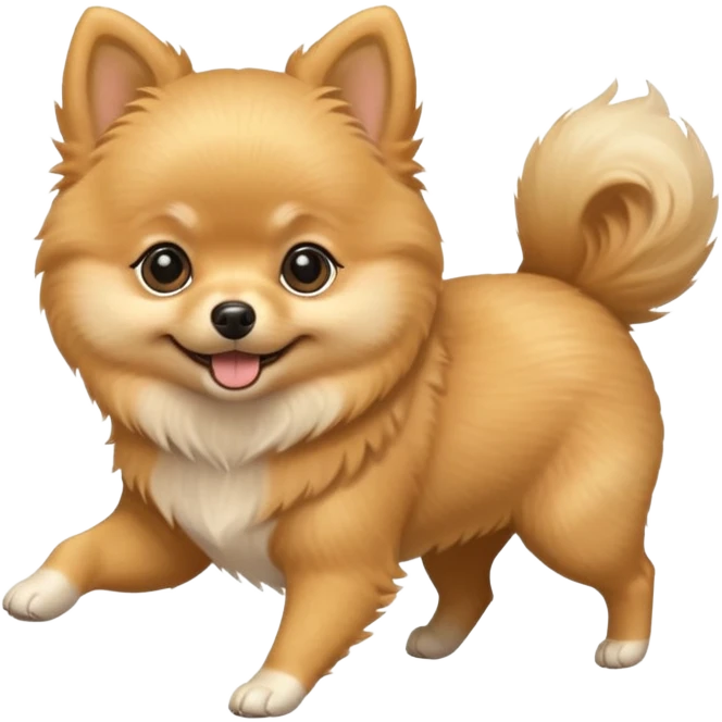Create a cute tiny golden pomerania small not so furry- running playing and so emoji