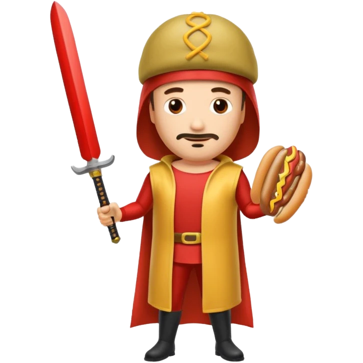 Middle aged attractive man wearing a hot dog costume wielding a katana emoji