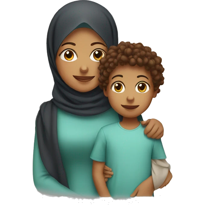 Hijab mother with a young son and daughter with brown curly hair emoji