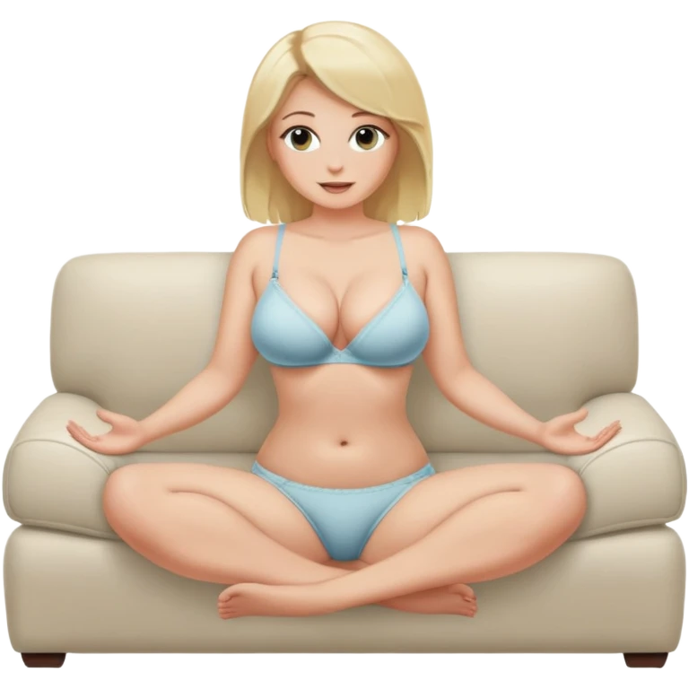 fullbody realistic busty blonde topless buxom in undies sitting on couch in comfy
missionary pose holding her legs up with hands sfw emoji