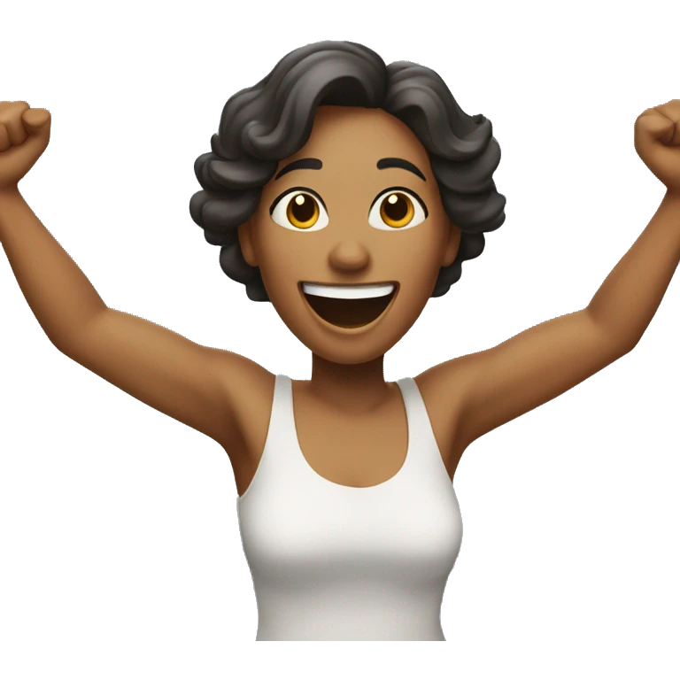 A woman with her arms raised and a wide smile emoji
