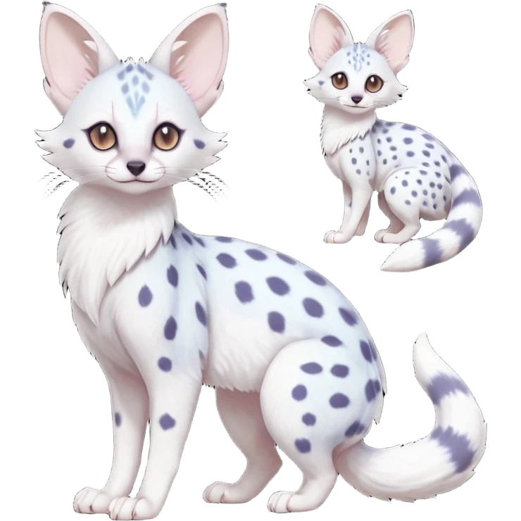 White Albino frosty snow-white whitish pastel-grey-spotted Serval-Civet-Genet-Trico-Furret-Linoone-Noibat-Espeon-Fakémon-Pokémon-animal-hybrid-fusion-creature (full body) with vibrant glowing eyes, cute, elegant, soft, realistic, pastel fur emoji