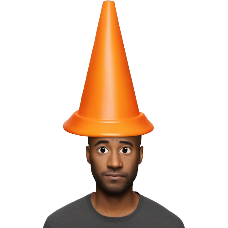 Orange traffic cone on a guy head who hide eyes emoji