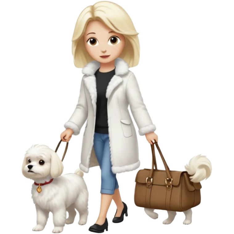 blonde woman wearing white, walking ONE maltese dog emoji
