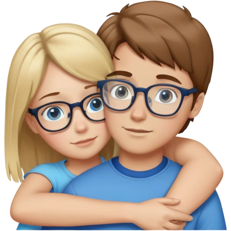 Boy with brown hair and glasses hug girl with blonde hair and blue eyes emoji