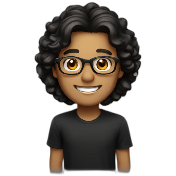 Caramel smiling man, dark brown eyes, black long wavy hair, no facial hair, thin and long nose, round glasses, black t shirt emoji