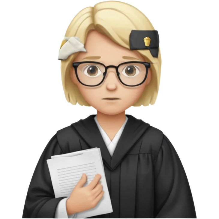 Young judge, blonde hair with glasses and robe, hold a paper emoji