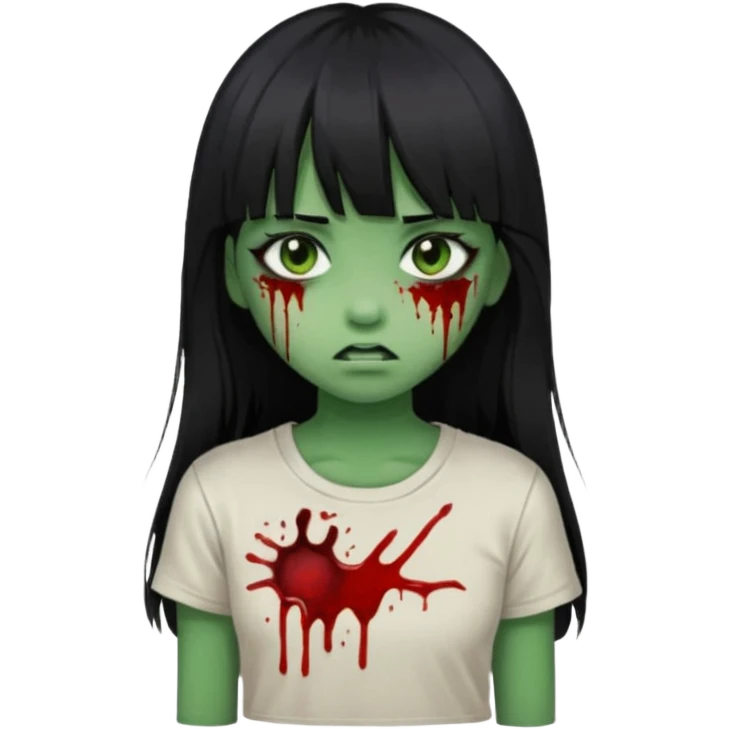 Garota de cabelo longo e preto com franja com a pele esverdeada e ferimentos expostos cobertos com sangue, usa uma camiseta branca rasgada e suja de poeira  emoji