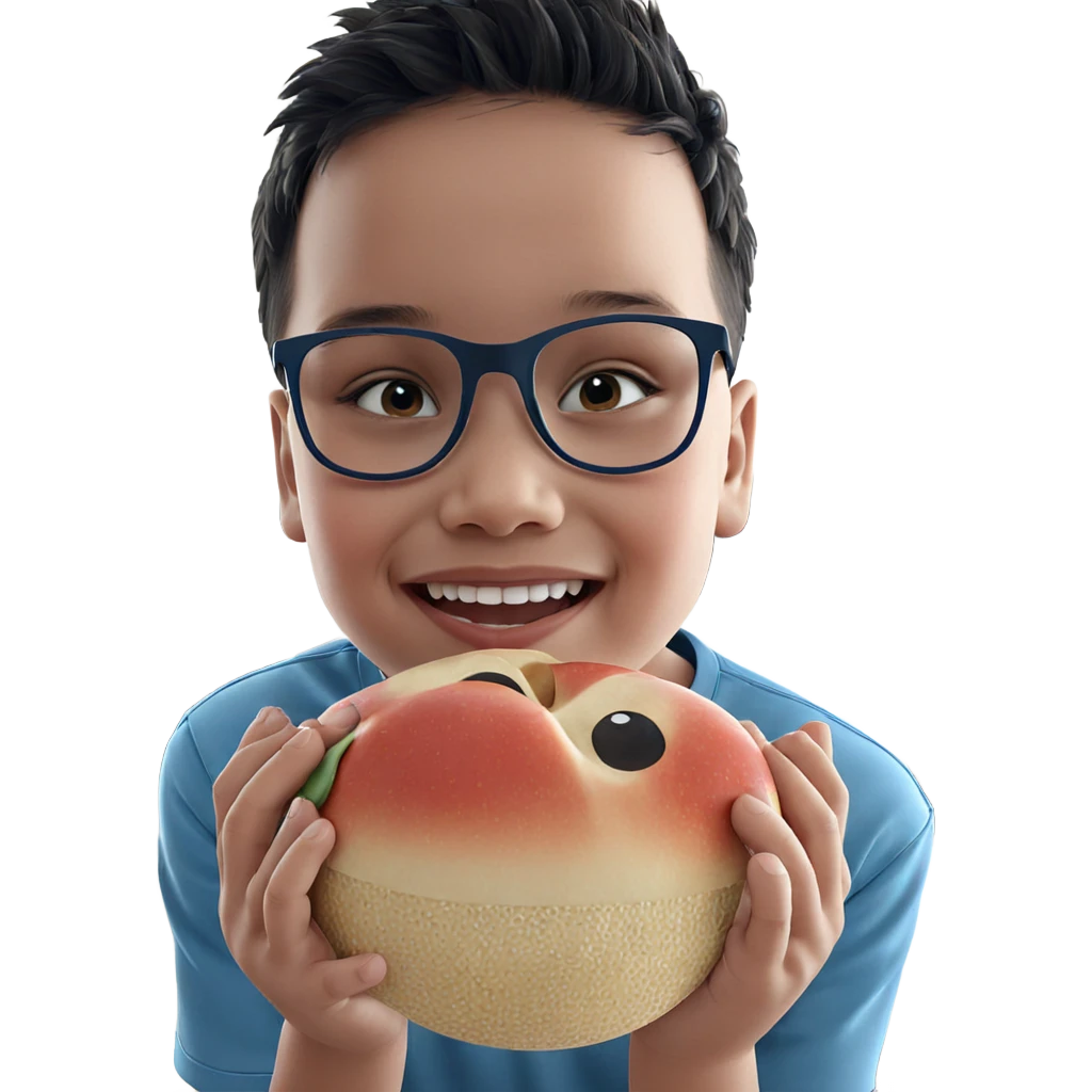 smiling boy with food indoors emoji