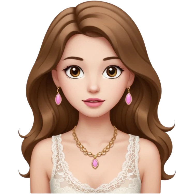 fair-skinned girl with dark brown, slim shaped eyes and long lashes. long, light brown hair styled in a voluminous, wavy blowout. wearing a delicate white lace tank top and a dainty gold necklace, plump pink lips. emoji