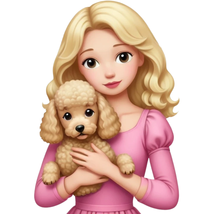 Blonde girl wearing pink dress hugging her a poodle emoji