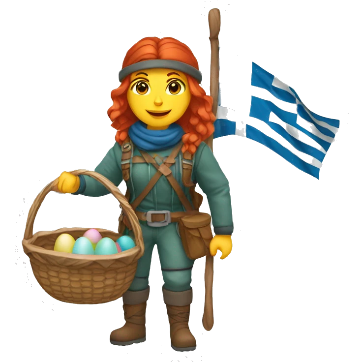 red hair female winter mountaineer with Greek flag and easter basket emoji