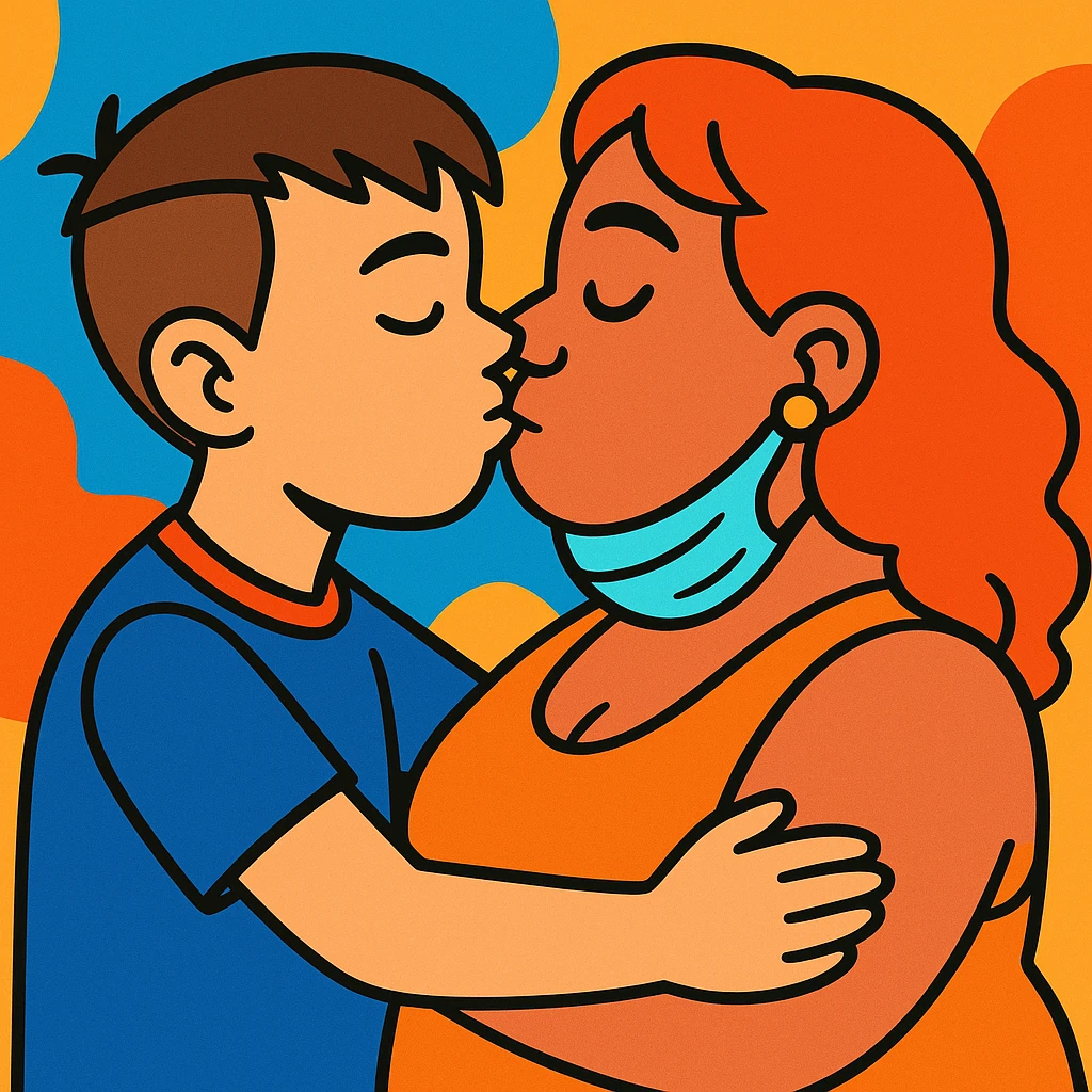 colorful cartoon style image of a boy with short brown hair shaved on the sides and fringe, without glasses, kissing a robust woman with red hair and a mask on her neck emoji