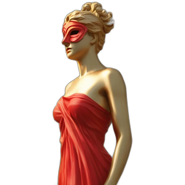 distant view of an abstract renaissance color sculpture of a female figure with a red mask on her face standing on a golden greek ancient style column, 4K resolution emoji