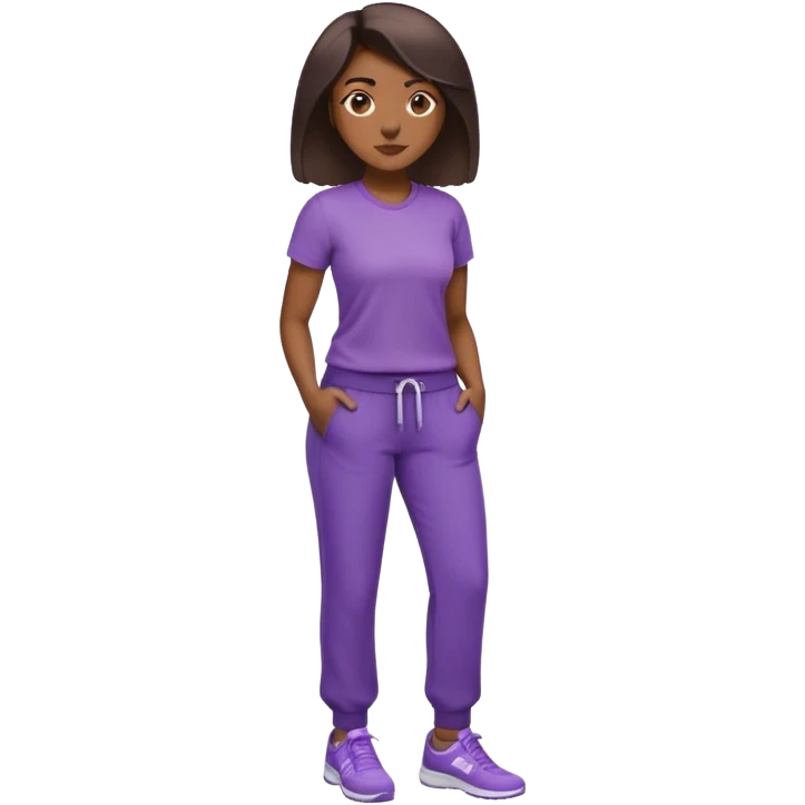 Create me an emoji of a full body black female in a shirt and sweatpants. Add the words business below her feet to denote standing on business ,make her outfit purple emoji
