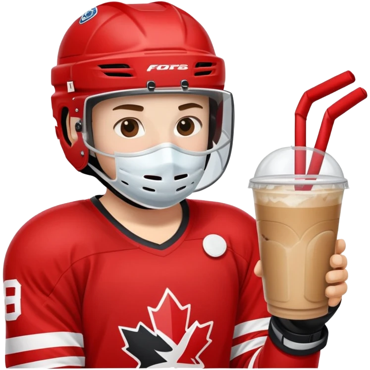 hockey player wearing red drinking an iced coffee wearing a helmet with face mask  emoji