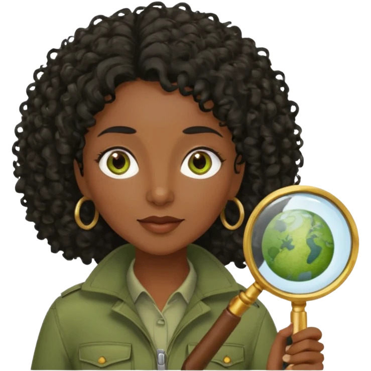 dark skin curly black haired middle-aged woman in moss green explorer outfit, holding magnifying glass emoji