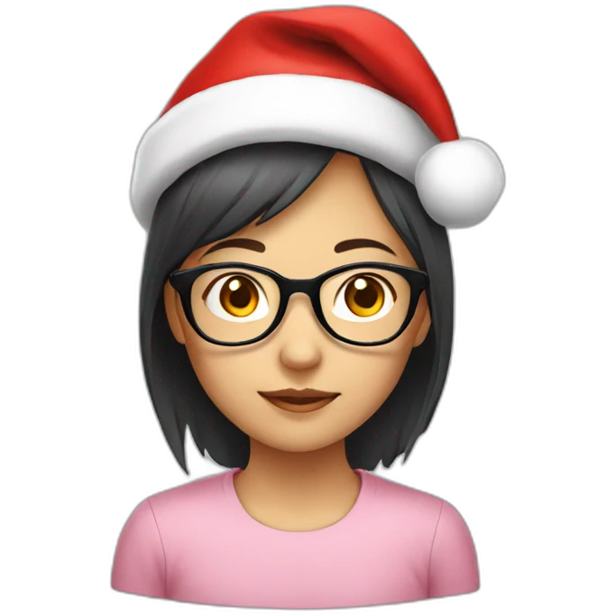Young Asian girl with glasses wearing Santa hat emoji