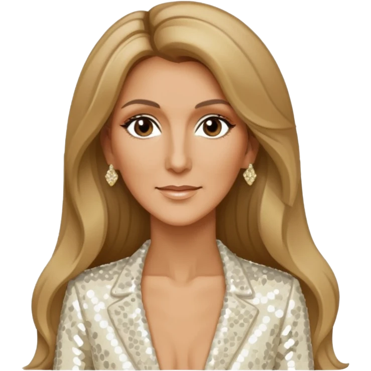 Celine Dion with long dark blonde hair, ivory sequin outfit emoji