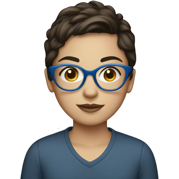 brunette teen with blue glasses, short hair and macbook emoji