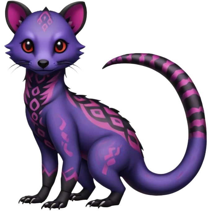 Rare warm-colored exotic gloomy tropical edgy cute epic aesthetic spooky indigo violet purple black red gothic colorful Salandit-Civet-species-Fakemon-hybrid-creature, with tribal tattoo markings, full body emoji
