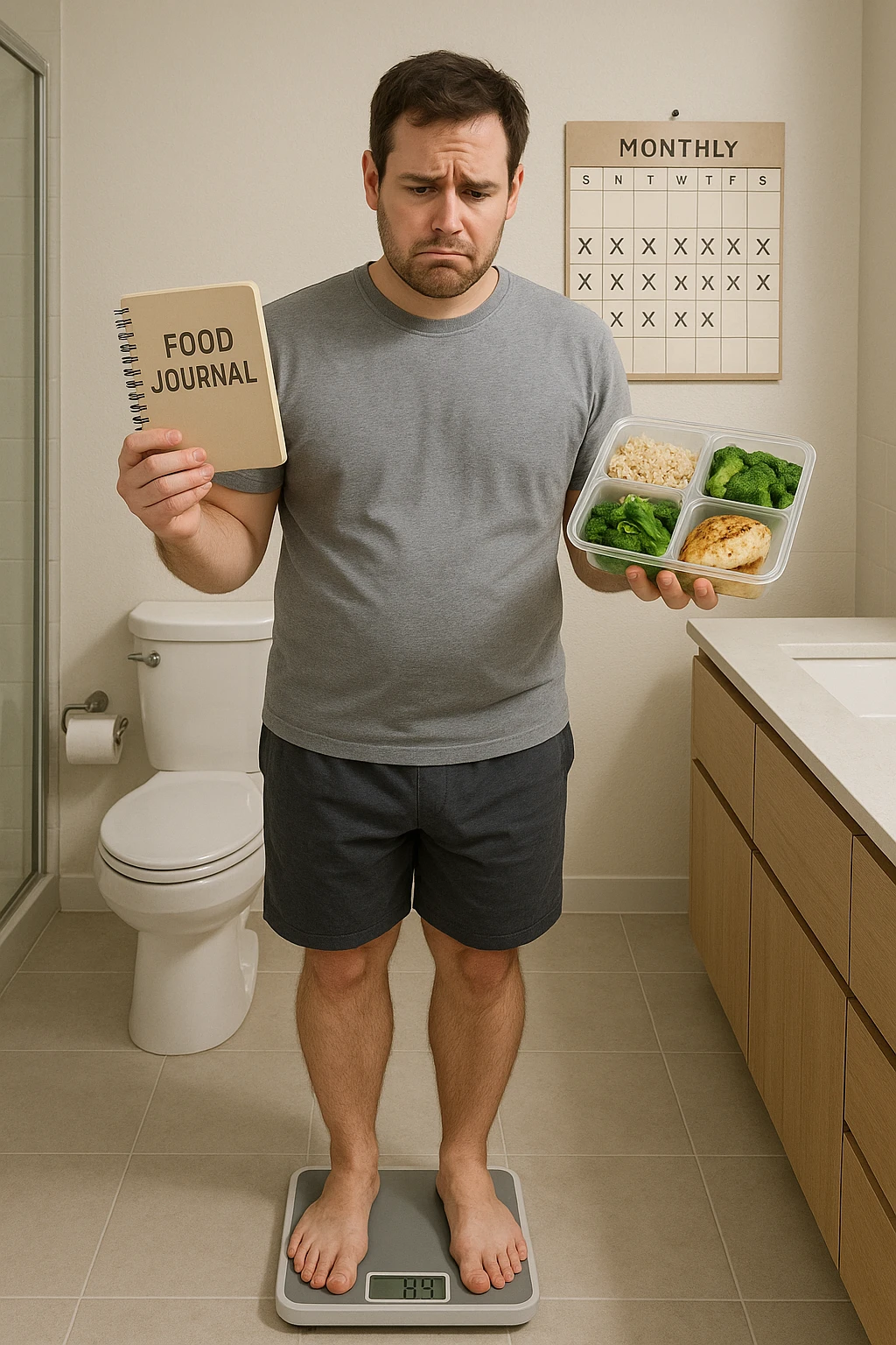 Man in his 30s standing on a bathroom scale, looking disappointed and confused. He holds a food journal and a meal prep container, clearly following a diet. Behind him, a calendar marked with weeks of effort. His body looks the same as before — no visible change. Expression: frustration, lack of motivation. Clean, modern bathroom setting with neutral tones. Digital scale showing the same number as before. Subtle emotional tone: discouragement emoji