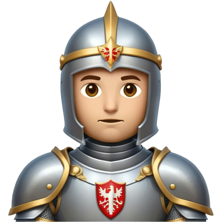 Clash of Clans aesthetic friendly Knight Portrait Emoji, With a noble, armored build featuring a gleaming suit adorned with intricate heraldry and a determined gaze behind a visored helm, his face rendered in a natural skin tone (not yellow), Simplified yet dynamic features, highly detailed, glowing with a cool, steely radiance, high shine, courageous and resolute, stylized with an air of chivalric valor, focused and stalwart, soft glowing outline, capturing the essence of a valiant knight ready to charge into epic quests with honor! emoji