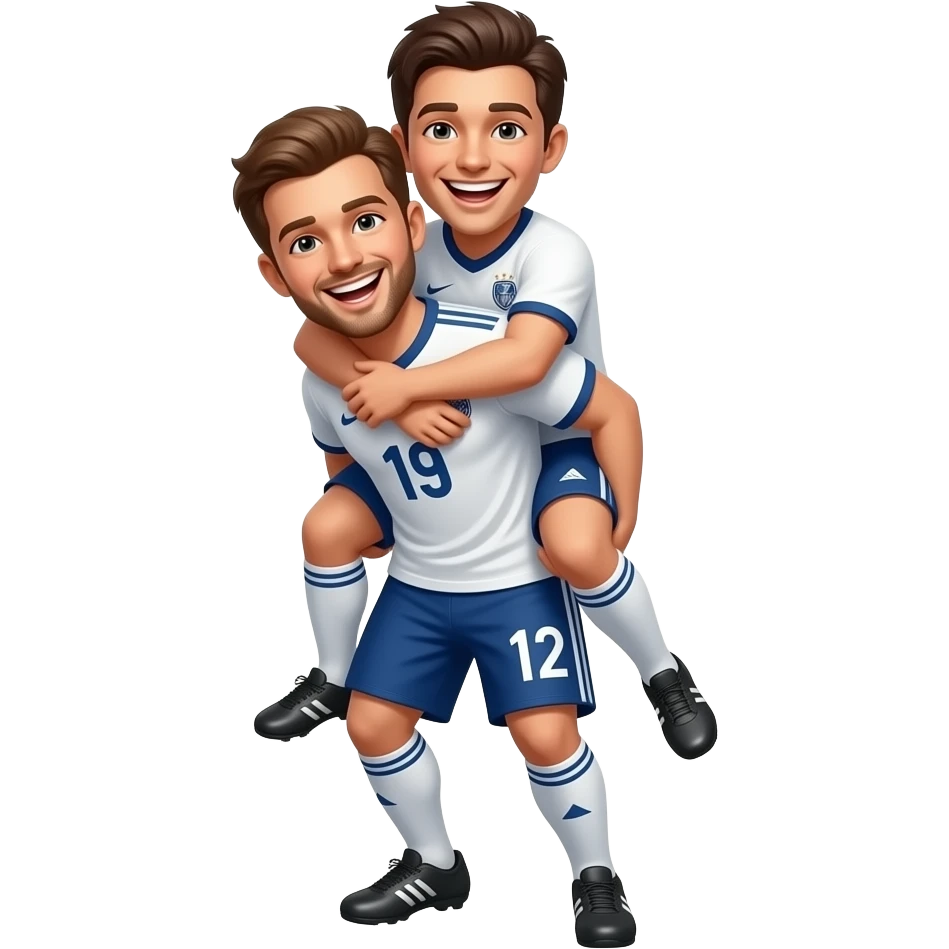 two soccer players, laughing, wearing a soccer kit. A different kit on each player.  one of them carrying the other, white player,  on their back, with a transparent background. emoji