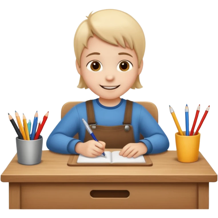 a smiling child working hard ata a desk emoji