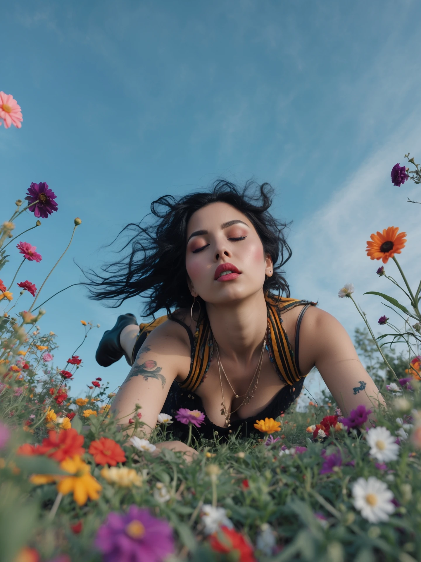 Closeup photo of a woman falling down (almost hit the ground) around colorfull flowers wearing alternative fashion, blue sky minimalistic background emoji