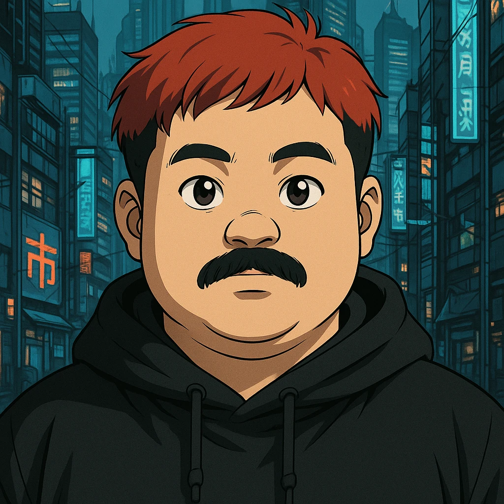 Asian man with a round face, black mustache, red hair, black hoodie, Ghost in the Shell-inspired anime style, large expressive eyes, futuristic city background, high detail emoji