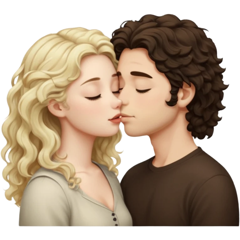 Tall White Italian boy with dark brown wavy fluffy hair and blonde wavy hair girl that's pale with wavy hair kissing with eyes closed  emoji