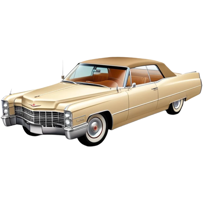 Classic beige 1966 Cadillac DeVille at perfect 30-degree angle, showing detailed front end and sleek side profile, elegant vintage luxury car from Once Upon a Hollywood, iOS emoji style emoji
