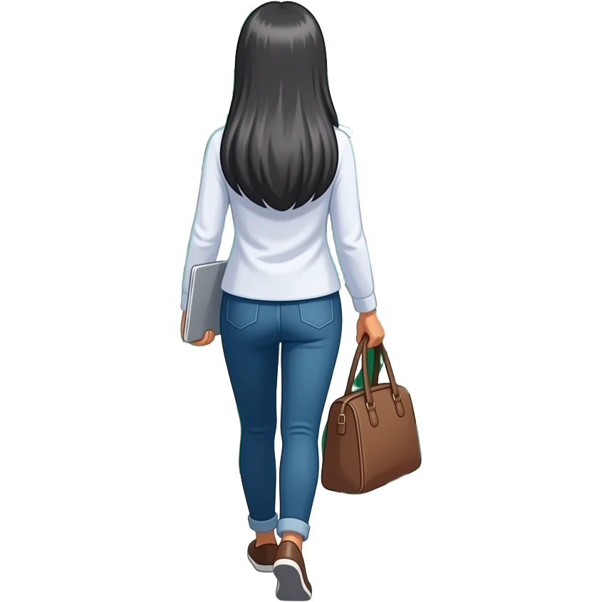 backside of dark indian woman with long straight gray and long sleeve white top and laptop bag hair from the back as she walks out of starbucks emoji