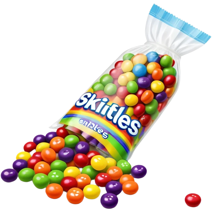 A vibrant rainbow-colored Skittles package with only bright green candies spilling out. The package is very colorful with red, orange, yellow, purple and blue, while all the candies are exclusively green. emoji