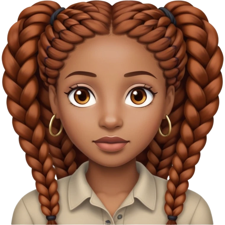Une femme noir avec des très longues tresses châtains avec un œil marron et un œil marron très très claire et une grosse bouche emoji