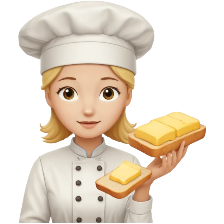 Young female baker - white chef hat, spreading butter on bread emoji