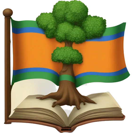 A flag whose left side is orange, whose right side is white, and which has a blue crest in the middle. Inside the crest is a book at the bottom, a tree with green leaves on the right-hand side, and across the top of the crest is the words "ARD MHACHA". emoji